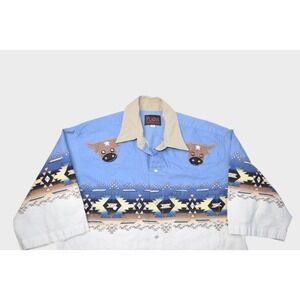 Plains Shirt Mens Medium Western Pearl Snap Aztec Print Cow Bull Patches Cowboy